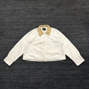 Zara Size L White/Tan Contrast Collar Button Up Raglan Sleeve Crop Work Jacket